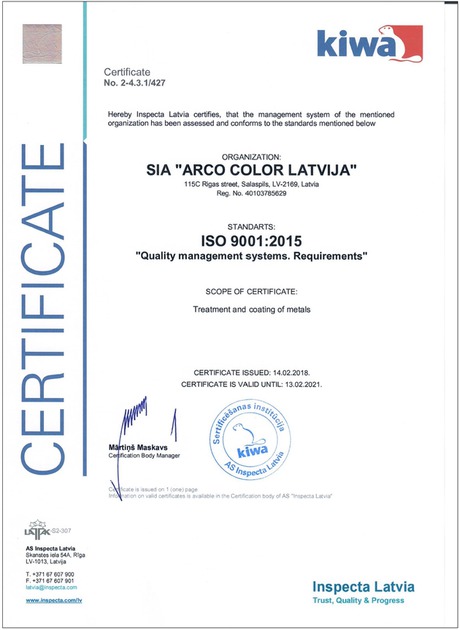 Arco Color Latvija ISO 9011 sertifikāts.