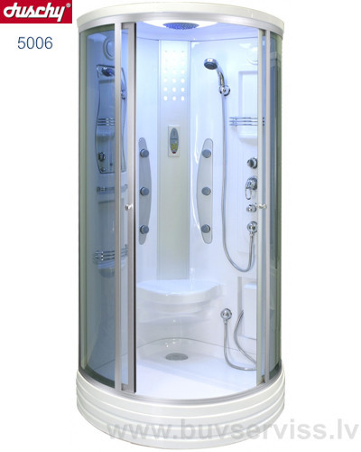 Duschy (Zviedrija) masāžas dušas kabīne 5006 - cena 533 Ls.
Komplektācija:
- drošības stikls (tonēts stikls), alumīnija rāmis
- masāžas duša, kāju masāža, ķermeņa dušas, griestu duša, termostats-maisītājs
- griestu gaismeklis, sienas apgaismojums, ventilators
- radio, skaļruņi, telefons
- sēdeklis, spogulis, plaukti.